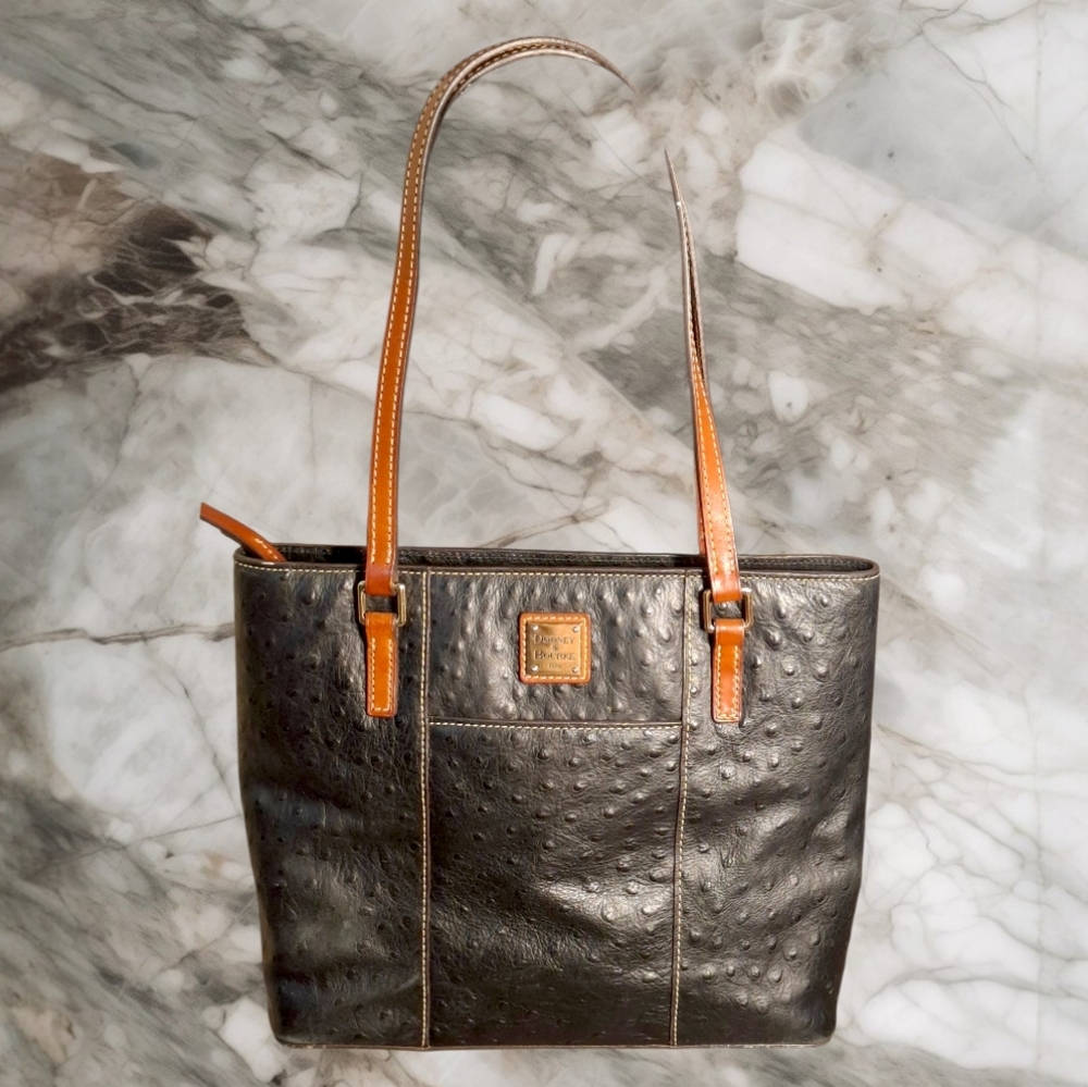 👜 Dooney & Bourke Black Ostrich Leather Lexington Tote w Brown Handles